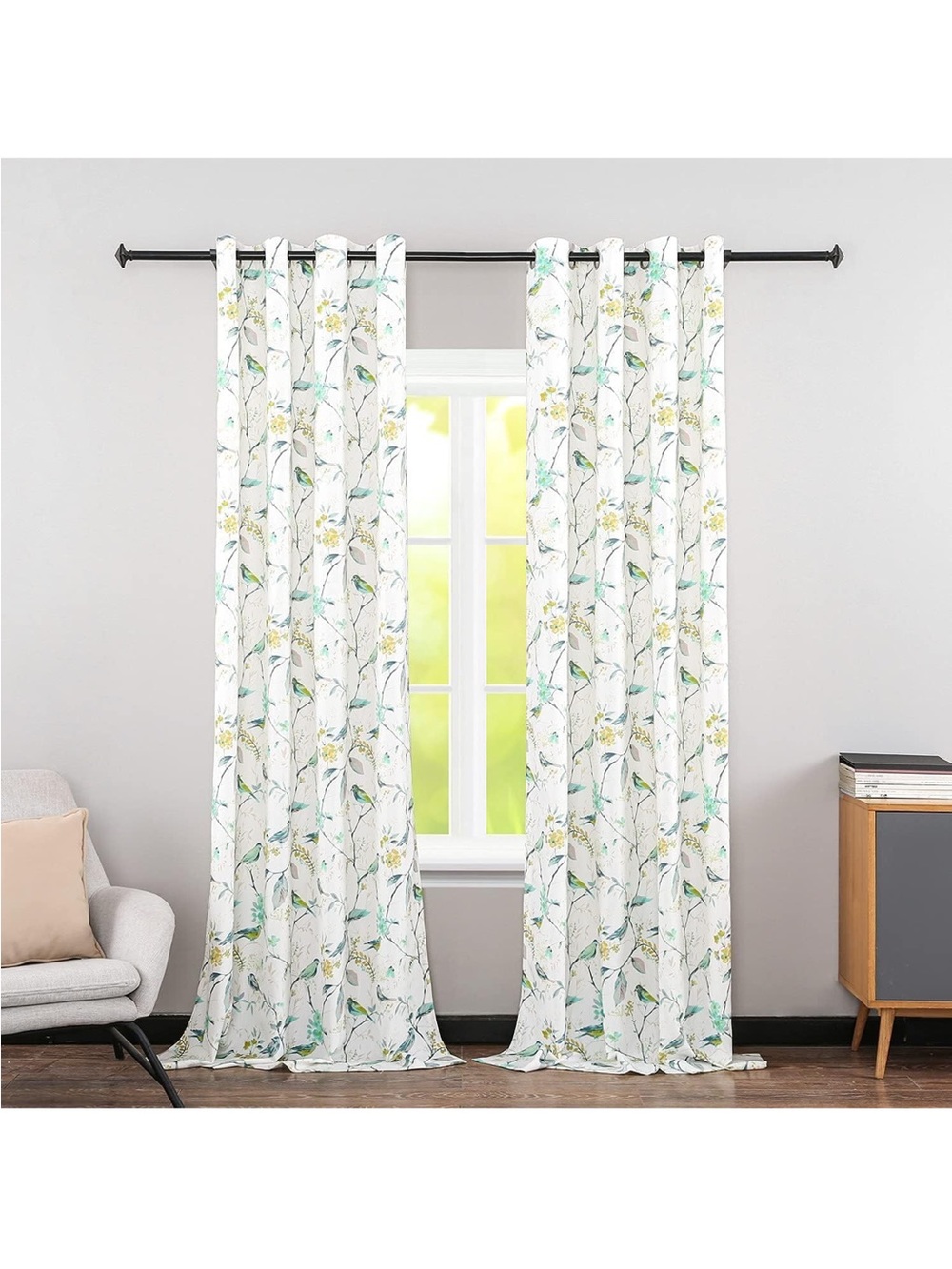 Green Bird Floral Grommet Room Divider Curtains, 52 x 72, 2 Panels